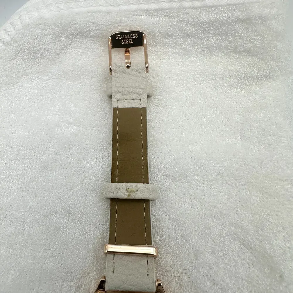 Nine West Women's Rose Gold-Tone Quartz Watch White Leather Strap